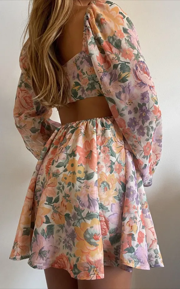 Showpo Ebonee Long Puff Sleeve Mini Dress In Flower Crown Women Curve Clothes