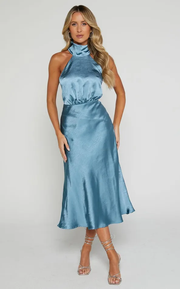 Showpo Ebony Midi Dress 8211 High Neck Gathered Bodice Dress In Steel Blue Women Dresses Showpo Ebony Midi Dress 8211 High Neck Gathered Bodice Dress In Steel Blue Women Dresses