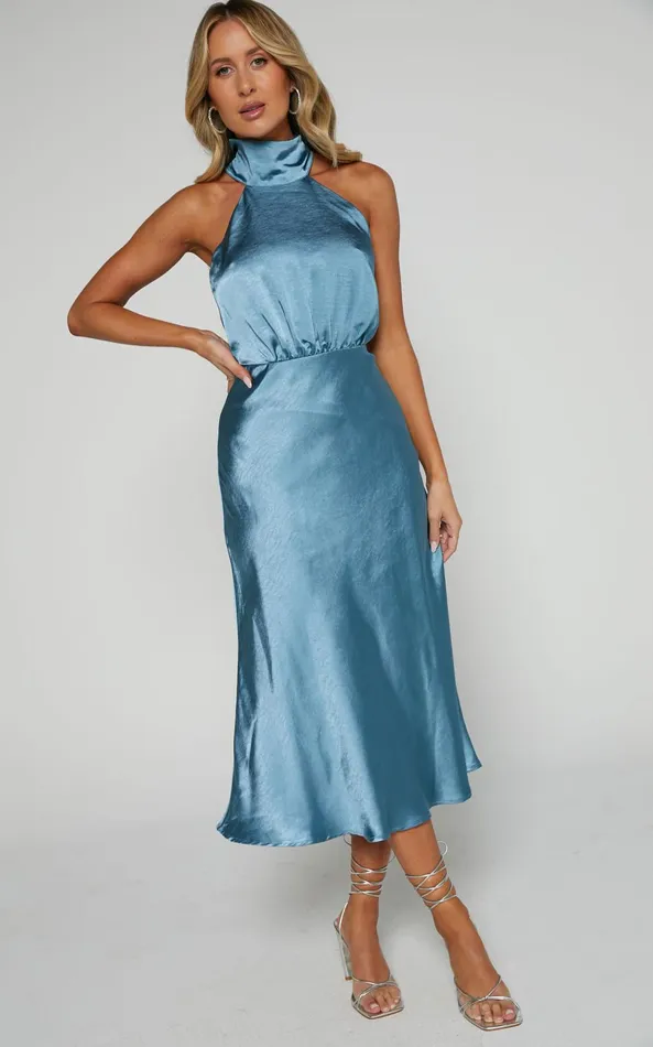 Showpo Ebony Midi Dress 8211 High Neck Gathered Bodice Dress In Steel Blue Women Dresses