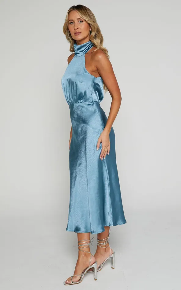 Showpo Ebony Midi Dress 8211 High Neck Gathered Bodice Dress In Steel Blue Women Dresses