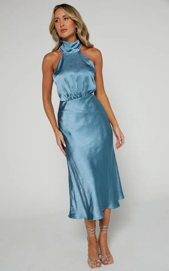 Showpo Ebony Midi Dress 8211 High Neck Gathered Bodice Dress In Steel Blue Women Dresses