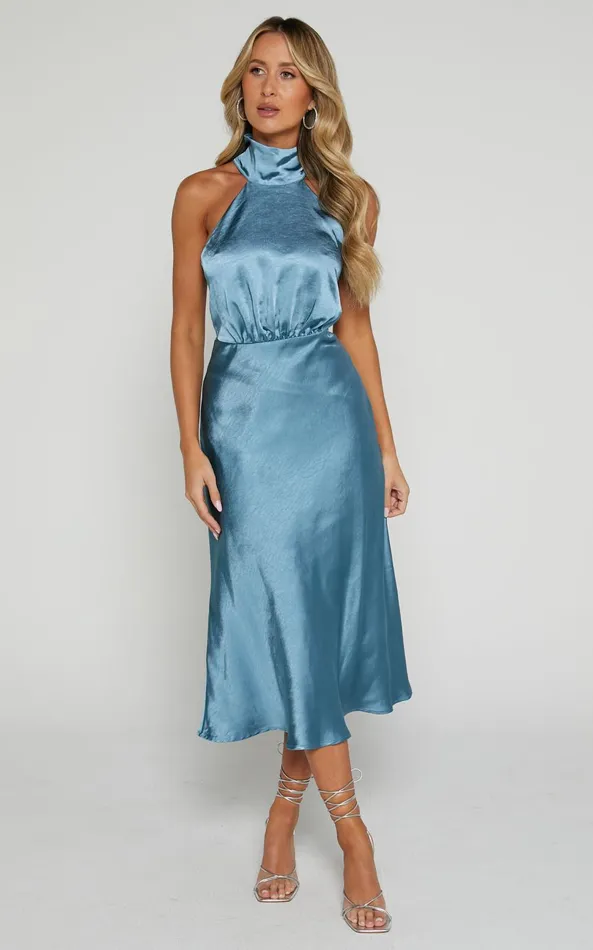 Showpo Ebony Midi Dress 8211 High Neck Gathered Bodice Dress In Steel Blue Women Dresses