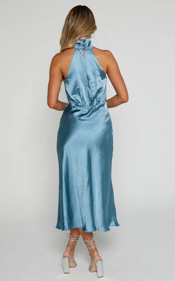Showpo Ebony Midi Dress 8211 High Neck Gathered Bodice Dress In Steel Blue Women Dresses