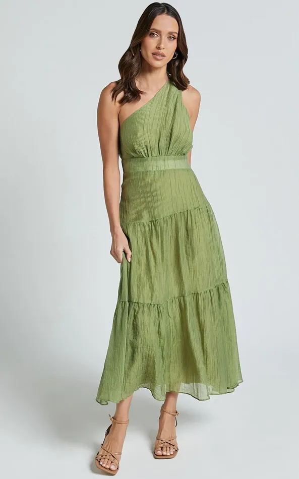 Showpo Edeline Midi Dress 8211 One Shoulder Twist Tiered Dress In Olive Women Dresses Showpo Edeline Midi Dress 8211 One Shoulder Twist Tiered Dress In Olive Women Dresses