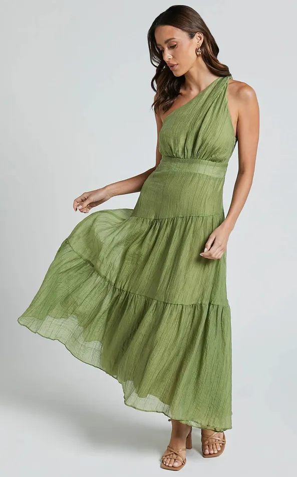 Showpo Edeline Midi Dress 8211 One Shoulder Twist Tiered Dress In Olive Women Dresses