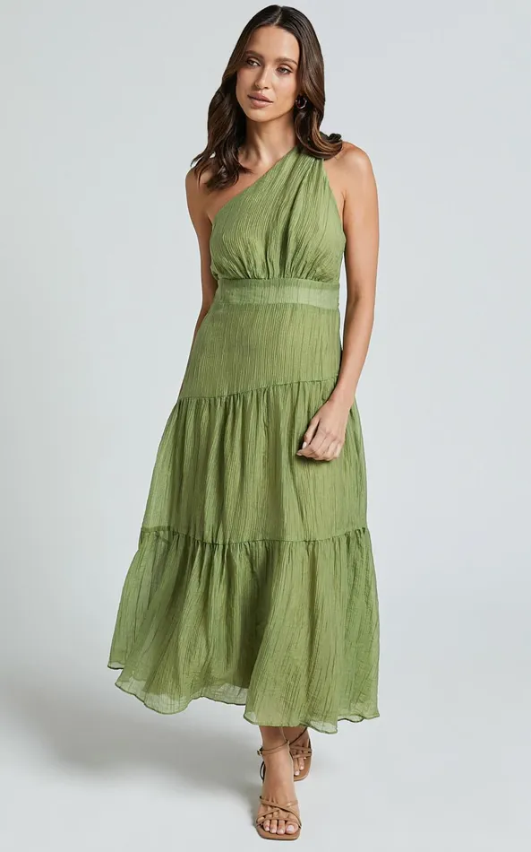 Showpo Edeline Midi Dress 8211 One Shoulder Twist Tiered Dress In Olive Women Dresses