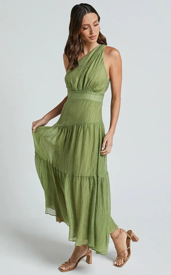 Showpo Edeline Midi Dress 8211 One Shoulder Twist Tiered Dress In Olive Women Dresses