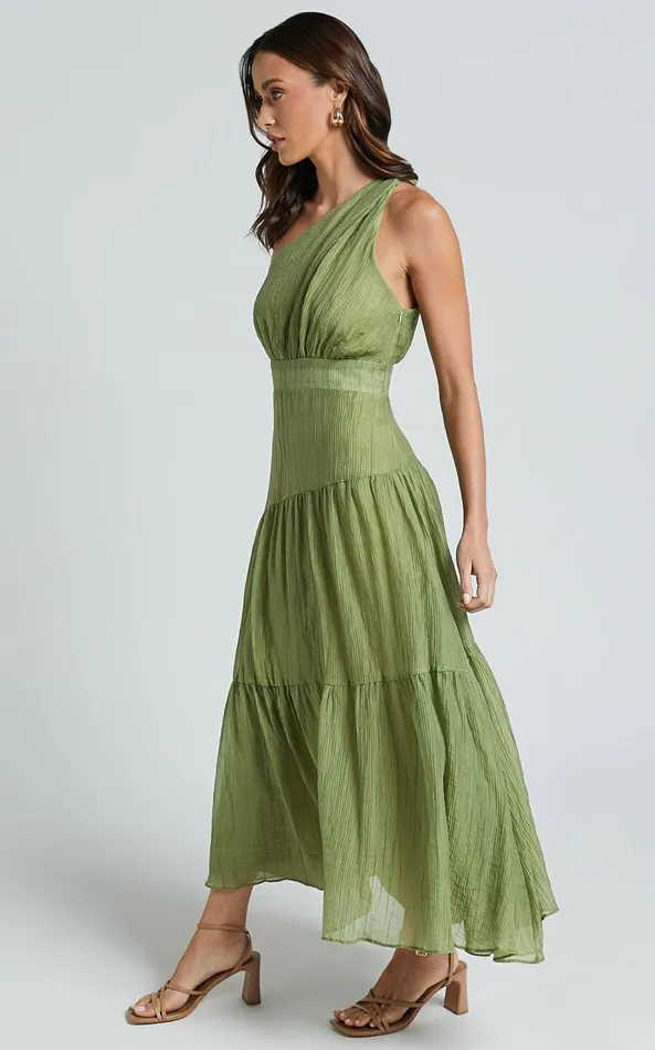 Showpo Edeline Midi Dress 8211 One Shoulder Twist Tiered Dress In Olive Women Dresses
