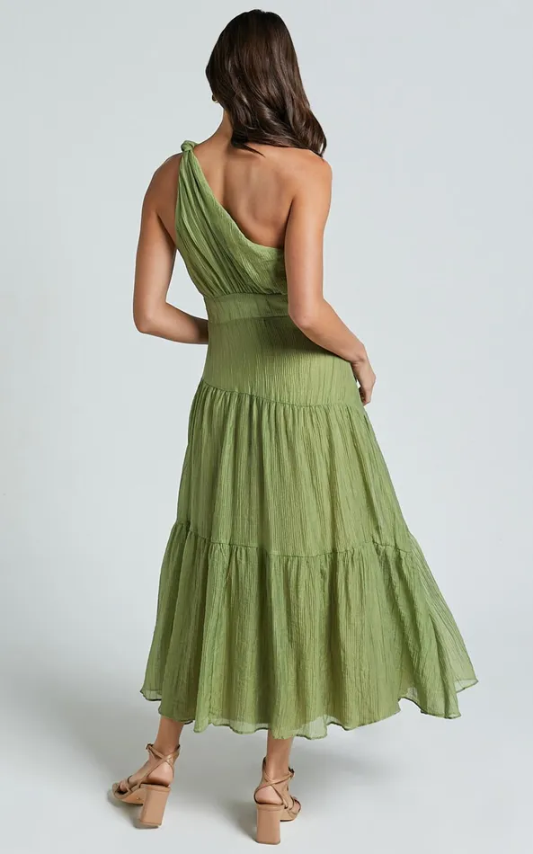 Showpo Edeline Midi Dress 8211 One Shoulder Twist Tiered Dress In Olive Women Dresses