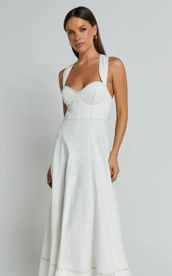 Showpo Edeline Midi Dress 8211 Wide Strap Sweetheart Bust Dress In White Women Dresses