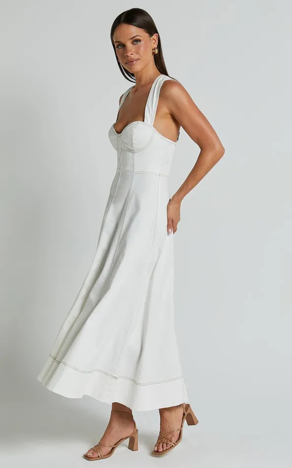 Showpo Edeline Midi Dress 8211 Wide Strap Sweetheart Bust Dress In White Women Dresses