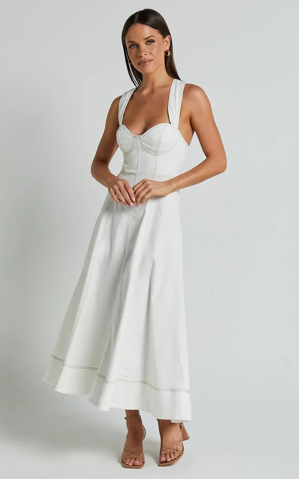 Showpo Edeline Midi Dress 8211 Wide Strap Sweetheart Bust Dress In White Women Dresses