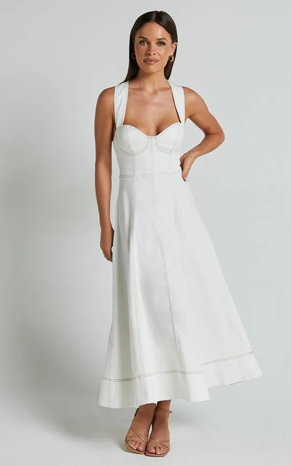 Showpo Edeline Midi Dress 8211 Wide Strap Sweetheart Bust Dress In White Women Dresses