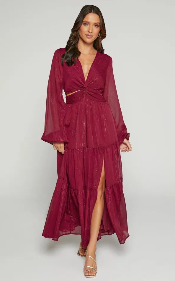Showpo Edelyn Midi Dress 8211 Cut Out Balloon Sleeve Tiered Dress In Burgundy Women Dresses Showpo Edelyn Midi Dress 8211 Cut Out Balloon Sleeve Tiered Dress In Burgundy Women Dresses