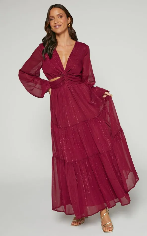 Showpo Edelyn Midi Dress 8211 Cut Out Balloon Sleeve Tiered Dress In Burgundy Women Dresses