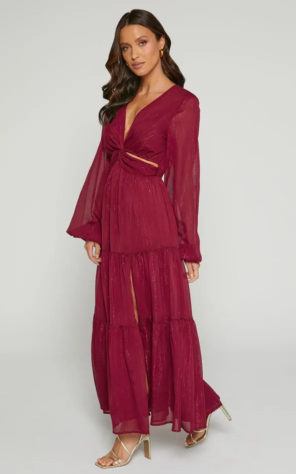 Showpo Edelyn Midi Dress 8211 Cut Out Balloon Sleeve Tiered Dress In Burgundy Women Dresses