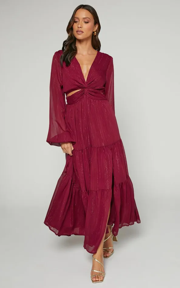 Showpo Edelyn Midi Dress 8211 Cut Out Balloon Sleeve Tiered Dress In Burgundy Women Dresses