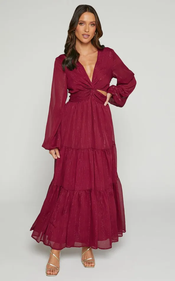 Showpo Edelyn Midi Dress 8211 Cut Out Balloon Sleeve Tiered Dress In Burgundy Women Dresses