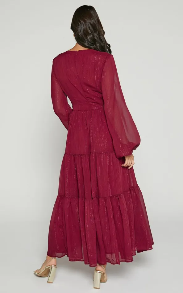 Showpo Edelyn Midi Dress 8211 Cut Out Balloon Sleeve Tiered Dress In Burgundy Women Dresses