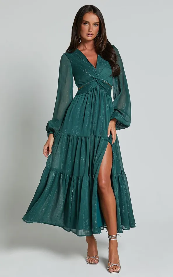 Showpo Edelyn Midi Dress 8211 Cut Out Balloon Sleeve Tiered Dress In Emerald Women Curve Clothes