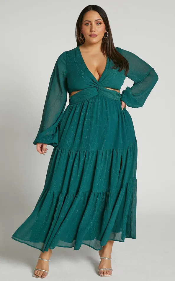 Showpo Edelyn Midi Dress 8211 Cut Out Balloon Sleeve Tiered Dress In Emerald Women Curve Clothes