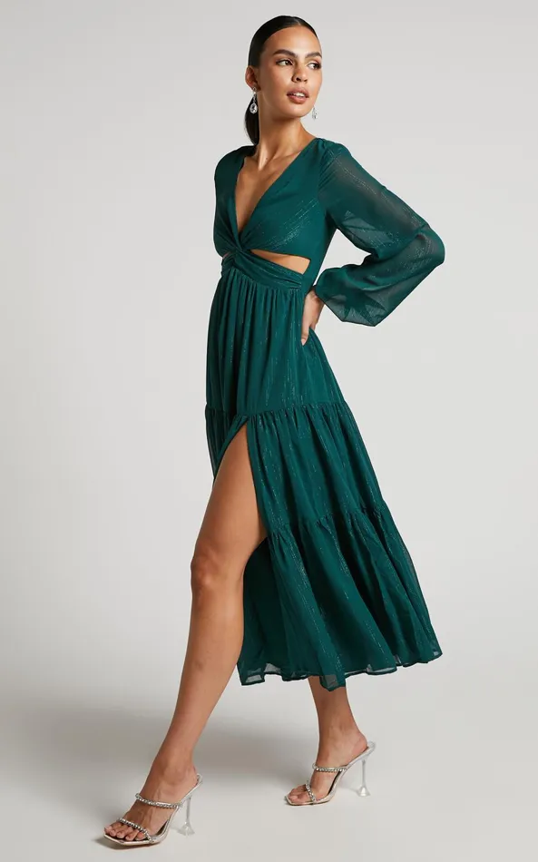 Showpo Edelyn Midi Dress 8211 Cut Out Balloon Sleeve Tiered Dress In Emerald Women Curve Clothes