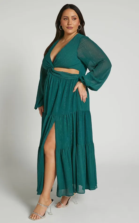 Showpo Edelyn Midi Dress 8211 Cut Out Balloon Sleeve Tiered Dress In Emerald Women Curve Clothes