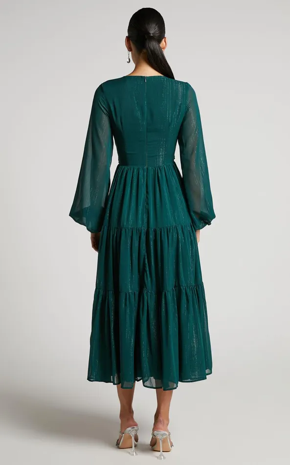 Showpo Edelyn Midi Dress 8211 Cut Out Balloon Sleeve Tiered Dress In Emerald Women Curve Clothes