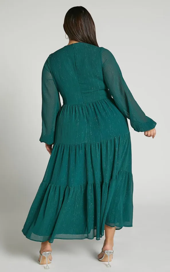 Showpo Edelyn Midi Dress 8211 Cut Out Balloon Sleeve Tiered Dress In Emerald Women Curve Clothes