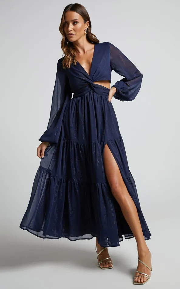 Showpo Edelyn Midi Dress 8211 Cut Out Balloon Sleeve Tiered Dress In Navy Women Curve Clothes Showpo Edelyn Midi Dress 8211 Cut Out Balloon Sleeve Tiered Dress In Navy Women Curve Clothes