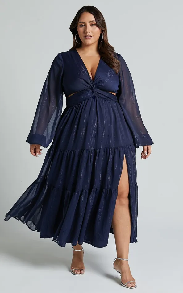 Showpo Edelyn Midi Dress 8211 Cut Out Balloon Sleeve Tiered Dress In Navy Women Curve Clothes Showpo Edelyn Midi Dress 8211 Cut Out Balloon Sleeve Tiered Dress In Navy Women Curve Clothes