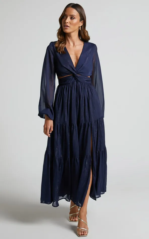 Showpo Edelyn Midi Dress 8211 Cut Out Balloon Sleeve Tiered Dress In Navy Women Curve Clothes Showpo Edelyn Midi Dress 8211 Cut Out Balloon Sleeve Tiered Dress In Navy Women Curve Clothes