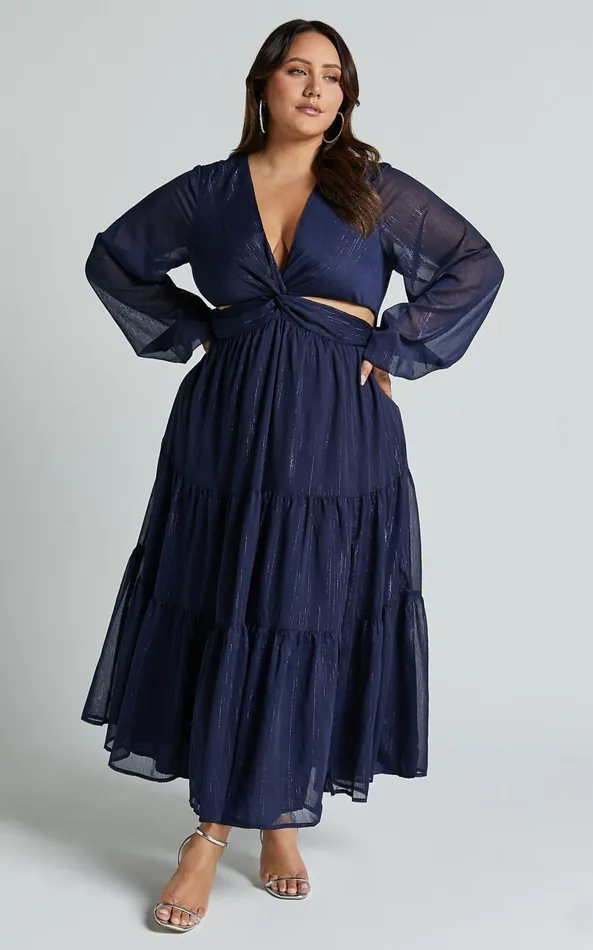 Showpo Edelyn Midi Dress 8211 Cut Out Balloon Sleeve Tiered Dress In Navy Women Curve Clothes Showpo Edelyn Midi Dress 8211 Cut Out Balloon Sleeve Tiered Dress In Navy Women Curve Clothes