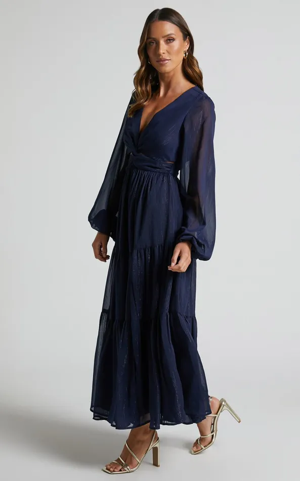Showpo Edelyn Midi Dress 8211 Cut Out Balloon Sleeve Tiered Dress In Navy Women Curve Clothes Showpo Edelyn Midi Dress 8211 Cut Out Balloon Sleeve Tiered Dress In Navy Women Curve Clothes