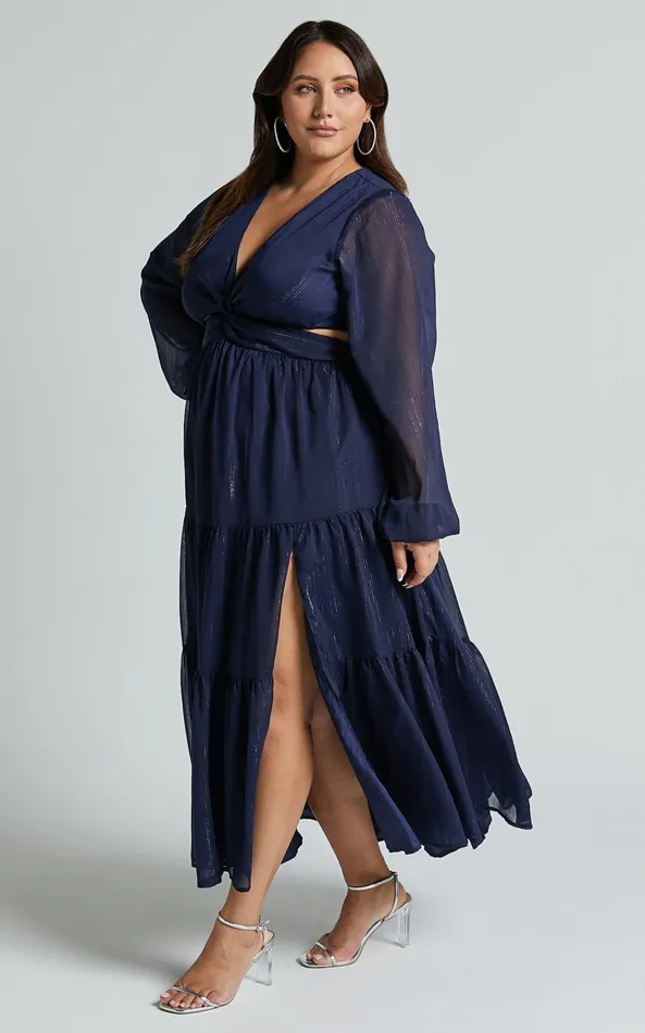 Showpo Edelyn Midi Dress 8211 Cut Out Balloon Sleeve Tiered Dress In Navy Women Curve Clothes Showpo Edelyn Midi Dress 8211 Cut Out Balloon Sleeve Tiered Dress In Navy Women Curve Clothes