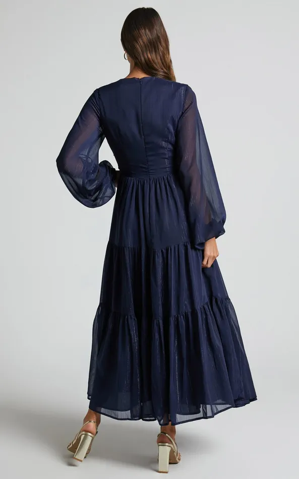 Showpo Edelyn Midi Dress 8211 Cut Out Balloon Sleeve Tiered Dress In Navy Women Curve Clothes Showpo Edelyn Midi Dress 8211 Cut Out Balloon Sleeve Tiered Dress In Navy Women Curve Clothes