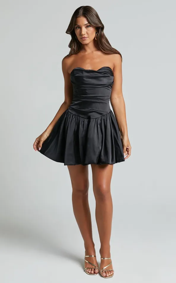 Showpo Edina Mini Dress 8211 Strapless Drop Waist Puff Ball Dress In Black Women Dresses
