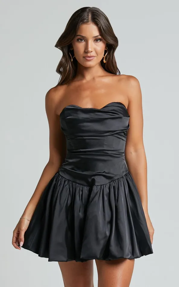 Showpo Edina Mini Dress 8211 Strapless Drop Waist Puff Ball Dress In Black Women Dresses