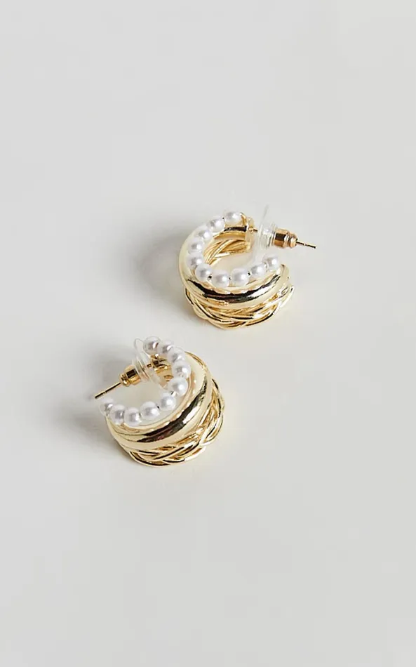 Showpo Edith Earrings 8211 Triple Hoop Pearl Detail Earrings In Gold Women Earrings
