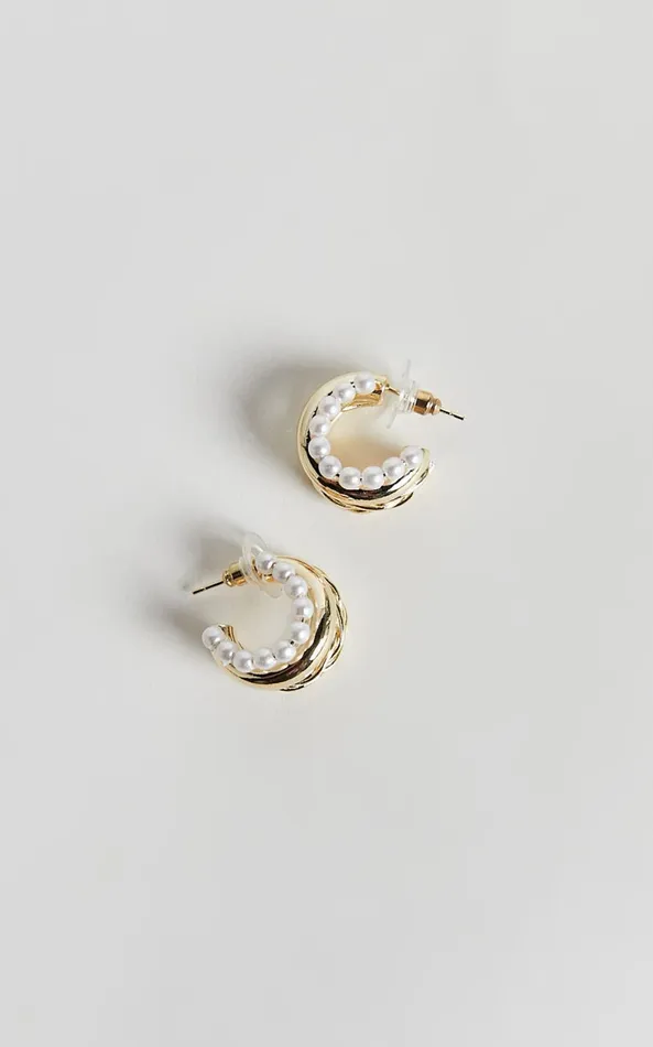 Showpo Edith Earrings 8211 Triple Hoop Pearl Detail Earrings In Gold Women Earrings