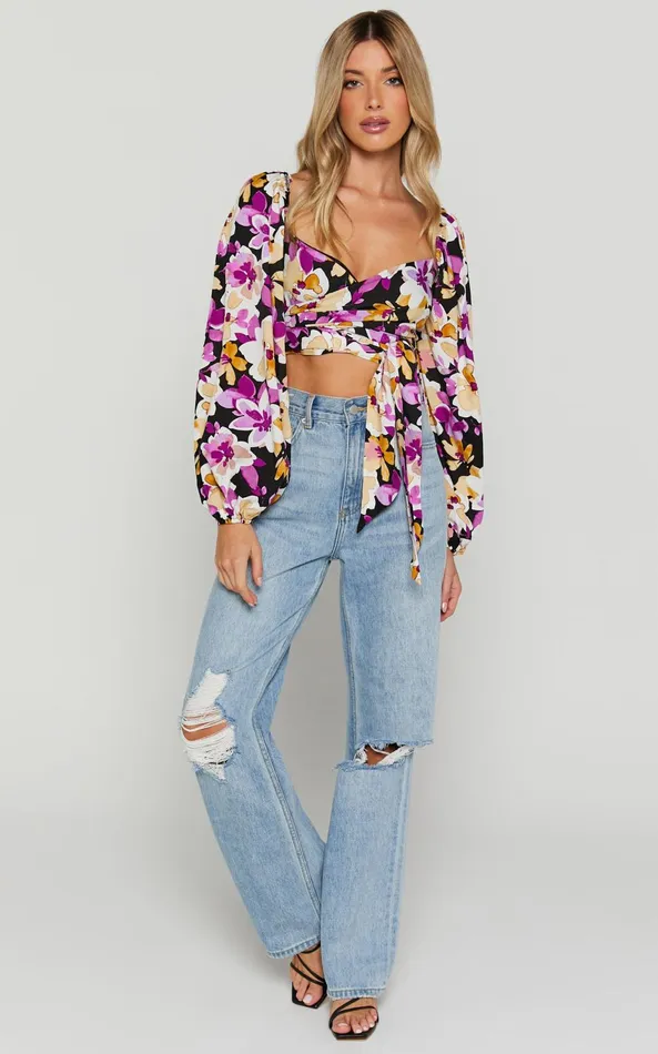 Showpo Edlynne Top 8211 Long Sleeve Tie Back Wrap Crop Top In Black Floral Women Tops