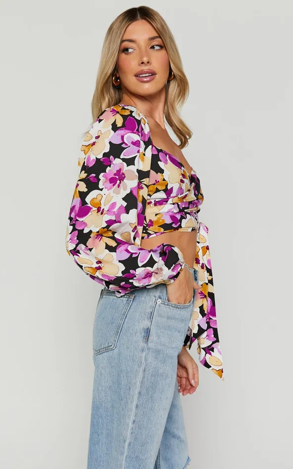 Showpo Edlynne Top 8211 Long Sleeve Tie Back Wrap Crop Top In Black Floral Women Tops
