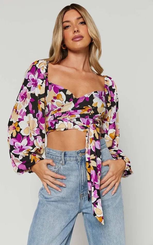 Showpo Edlynne Top 8211 Long Sleeve Tie Back Wrap Crop Top In Black Floral Women Tops