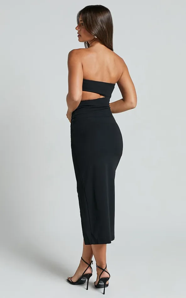 Showpo Edna Midi Dress 8211 Strapless Cut Out Slip Dress In Black Women Dresses
