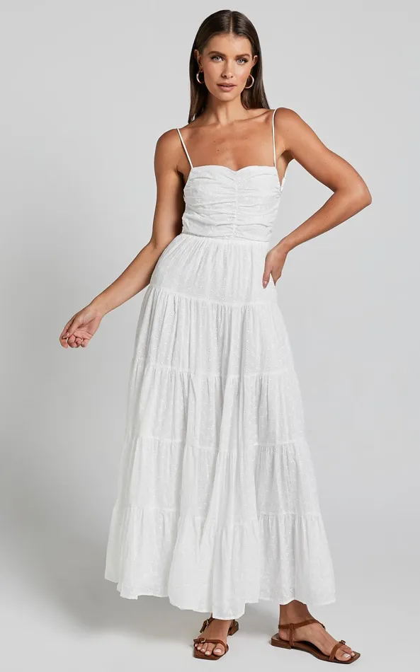 Showpo Edyta Maxi Dress 8211 Ruched Tiered Dress In White Women Dresses