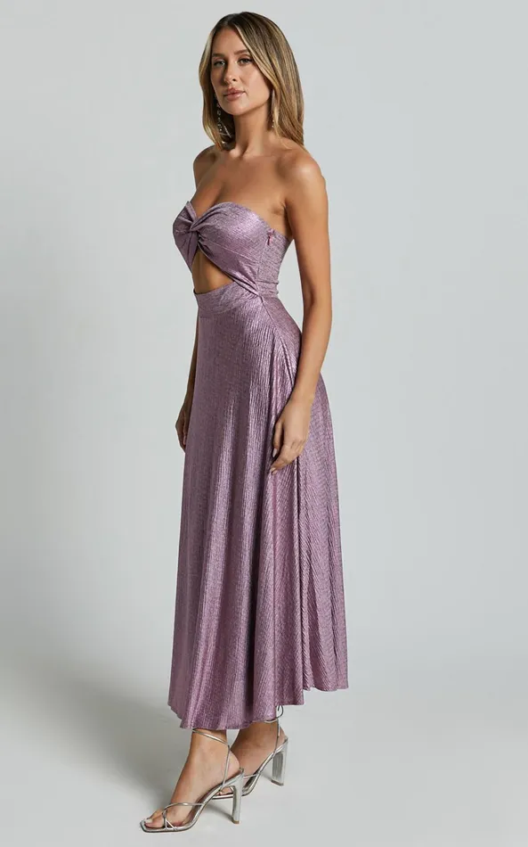 Showpo Effie Midi Dress 8211 Strapless Twist Front Metallic Dress In Pink Women Dresses
