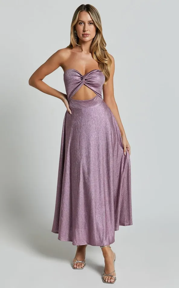 Showpo Effie Midi Dress 8211 Strapless Twist Front Metallic Dress In Pink Women Dresses