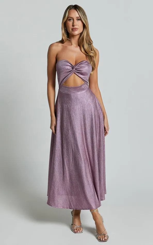 Showpo Effie Midi Dress 8211 Strapless Twist Front Metallic Dress In Pink Women Dresses