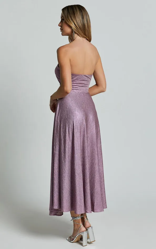 Showpo Effie Midi Dress 8211 Strapless Twist Front Metallic Dress In Pink Women Dresses