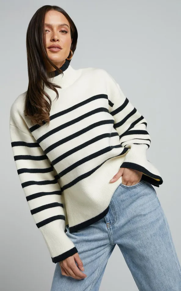 Showpo Ehliza Jumper 8211 Mock Neck Wide Sleve Knit Jumper In Cream Black Women Knitwear Showpo Ehliza Jumper 8211 Mock Neck Wide Sleve Knit Jumper In Cream Black Women Knitwear